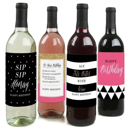 Big Dot of Happiness Chic Happy Birthday - Pink, Black and Gold - Birthday Gift For Women - Wine Bottle Label Stickers - Set of 4 {1}