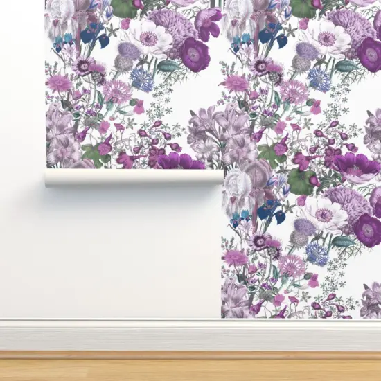 Pre-Pasted Wallpaper 2FT Wide White Lilac Lavender Floral Flowers Botanical Spring Purple Custom Pre-pasted Wallpaper by Spoonflower {2}