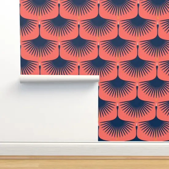 Peel & Stick Wallpaper 2FT Wide Navy Swan Flying Birds Cranes Art Deco Coral And Custom Removable Wallpaper by Spoonflower {2}