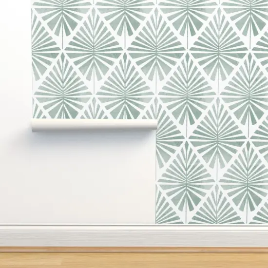 Peel & Stick Wallpaper 2FT Wide Boho Geo Tropical Beach House Summer Eucalyptus Sage Green Coastal Geometric Diamond Palms Custom Removable Wallpaper by Spoonflower {2}