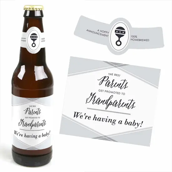 Big Dot of Happiness Parents to Grandparents - Pregnancy Announcement Decorations for Women and Men - 6 Beer Bottle Label Stickers and 1 Carrier White {4}