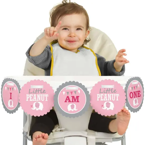 Big Dot of Happiness Pink Elephant 1st Birthday Highchair Decor - I Am One - First Birthday High Chair Banner {1}