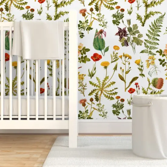 Pre-Pasted Wallpaper 2FT Wide Vintage Botanical Wildflowers Small Florals Botanicals Woodland Flowers Spring Nature Art Illustration Custom Pre-pasted Wallpaper by Spoonflower {7}