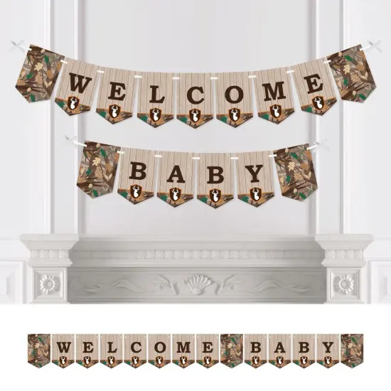 Big Dot of Happiness Gone Hunting - Deer Hunting Camo Baby Shower Bunting Banner - Party Decorations - Welcome Baby {1}