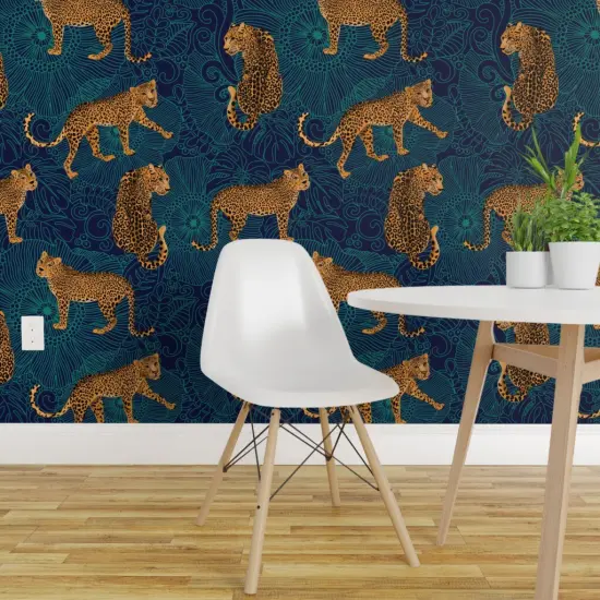 Pre-Pasted Wallpaper 2FT Wide Leopard Print Blue And Teal Maximalist Animalier Exotic Animal Monstera Leaves Custom Pre-pasted Wallpaper by Spoonflower {1}