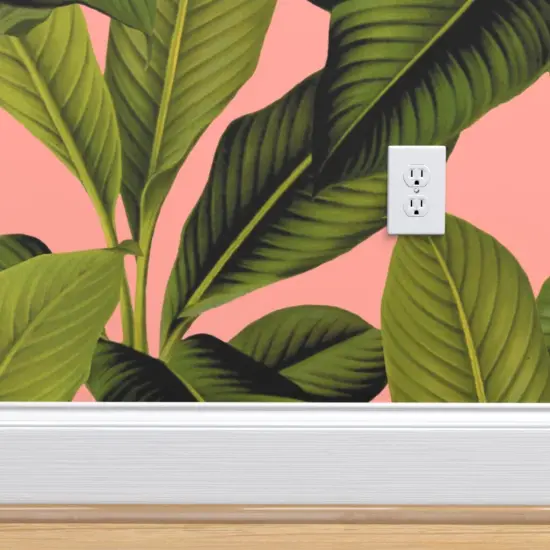 Peel & Stick Wallpaper 2FT Wide Tropical Botanical Coral Pink Palm Leaves Green Tree Banana Leaf Custom Removable Wallpaper by Spoonflower {4}