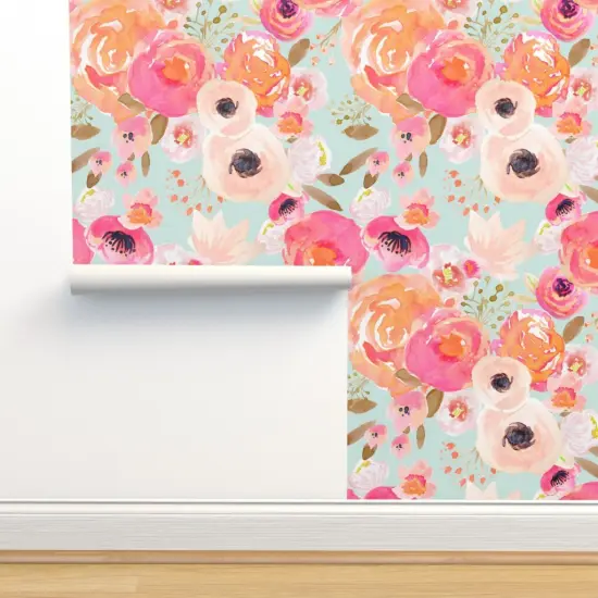 Peel & Stick Wallpaper 2FT Wide Bloom Blush Florals Blue Flower Floral Spring Nursery Easter Summer Shabby Chic Decor Custom Removable Wallpaper by Spoonflower {2}