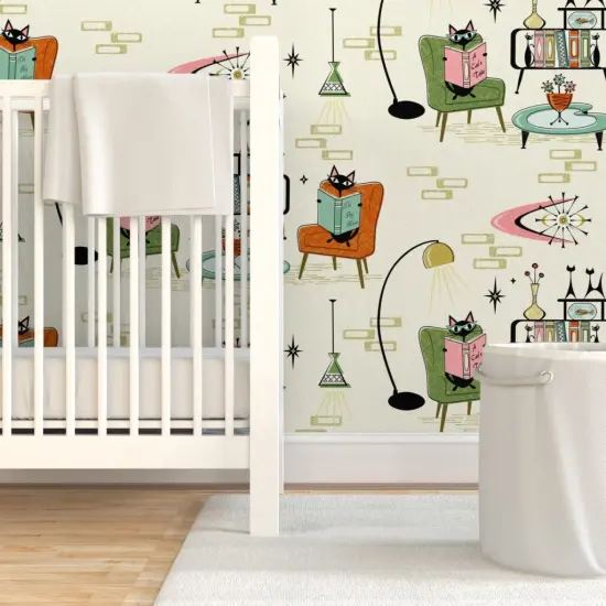 Pre-Pasted Wallpaper 2FT Wide Mid Century Modern Retro Cats 1950S Inspired Atomic Age Vintage Style Custom Pre-pasted Wallpaper by Spoonflower {7}