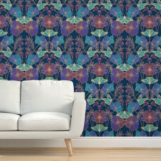 Pre-Pasted Wallpaper 2FT Wide Jewel Tone Poppies Art Nouveau Poppy And Butterfly Blue Aqua Purple Large Scale Floral Custom Pre-pasted Wallpaper by Spoonflower {5}