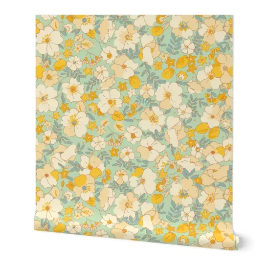 Peel & Stick Wallpaper 2FT Wide Vintage Style Floral Butter Yellow Flower Retro 1970S Custom Removable Wallpaper by Spoonflower {7}