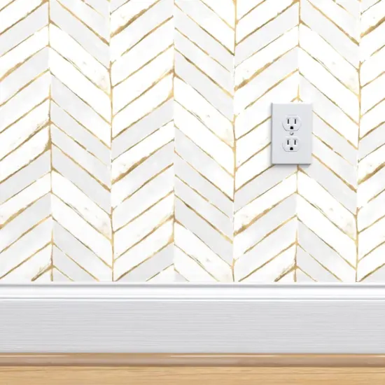 Pre-Pasted Wallpaper 2FT Wide Chevron Painted White Gold Stripe Herringbone Mod Golden Print Look Custom Pre-pasted Wallpaper by Spoonflower {4}