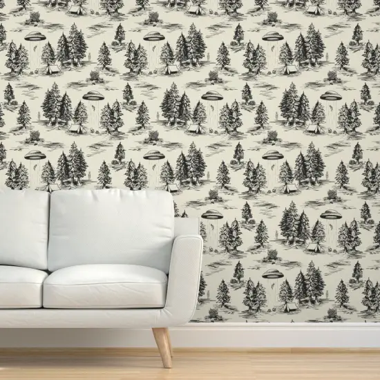 Pre-Pasted Wallpaper 2FT Wide Alien Toile Black Space Aliens Camping Ufos De Jouy Ufo Flying Saucer Abduction Saucers Objects Custom Pre-pasted Wallpaper by Spoonflower {5}