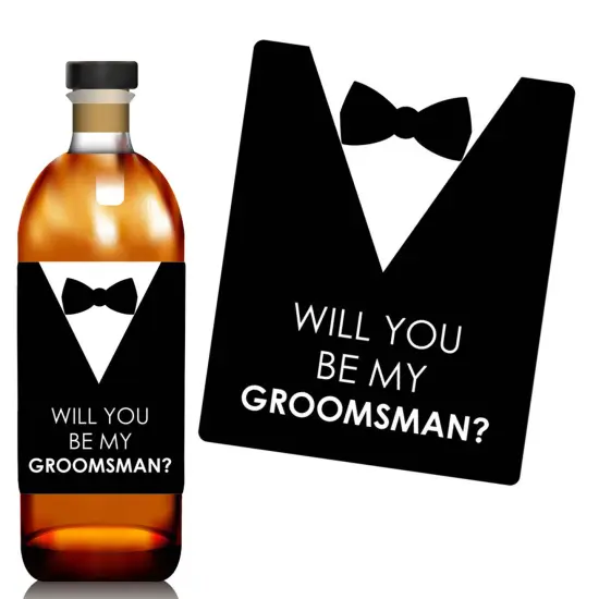 Big Dot of Happiness Suit Up - Will You Be My Groomsman Gift for Men - Whiskey or Wine Bottle Label Stickers - Set of 4 {3}