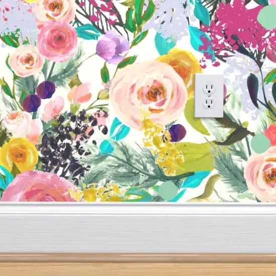 Pre-Pasted Wallpaper 2FT Wide Watercolor Floral Botanical Spring Nursery Roses Foliage Large Scale Custom Pre-pasted Wallpaper by Spoonflower {4}