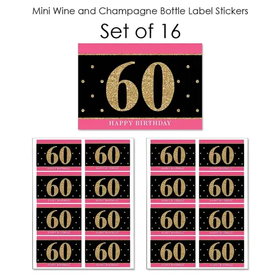 Big Dot of Happiness Chic 60th Birthday - Pink, Black and Gold - Mini Wine and Champagne Bottle Label Stickers - Birthday Party Favor Gift - Set of 16 {7}