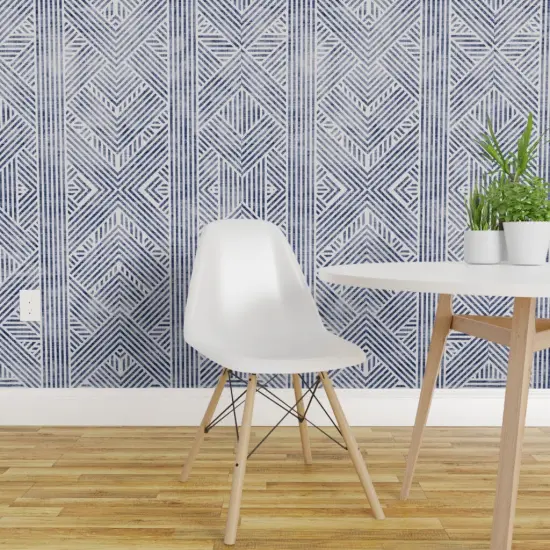 Pre-Pasted Wallpaper 2FT Wide Blue Geometric Line Diamond Wax Stripes Boho Chic Coastal Custom Pre-pasted Wallpaper by Spoonflower {1}