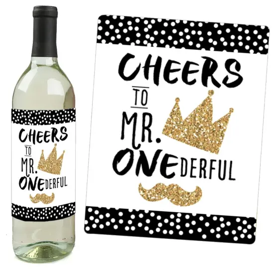 Big Dot of Happiness 1st Birthday Little Mr. Onederful - Boy First Birthday Party Decorations for Women & Men - Wine Bottle Label Stickers - Set of 4 {3}