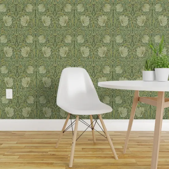 Pre-Pasted Wallpaper 2FT Wide Green Vines Flower Damask Victorian Floral Sage William Morris Custom Pre-pasted Wallpaper by Spoonflower {6}