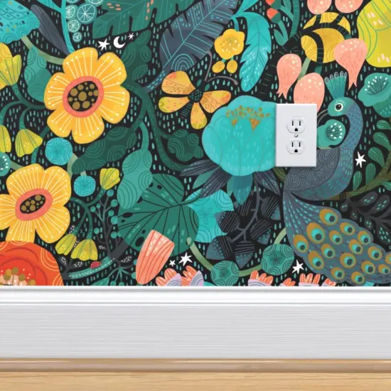 Peel & Stick Wallpaper 2FT Wide Mod Peacock Colorful Nature Floral Exotic Animal Boho Forest Modern Bird Custom Removable Wallpaper by Spoonflower {4}