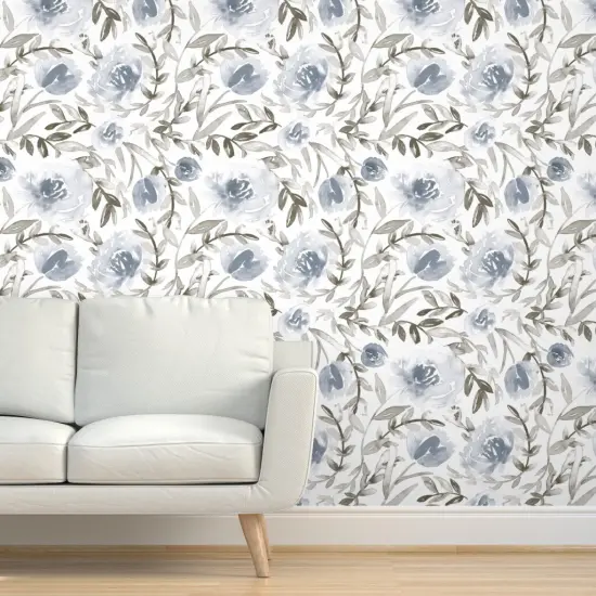 Peel & Stick Wallpaper 2FT Wide Blue Leaves Wild Flowers Watercolor Botanical Florals Wildflowers Floral Custom Removable Wallpaper by Spoonflower {5}
