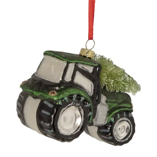 Northlight Tractor with Tree Glass Christmas Ornament - 4" - Green {5}