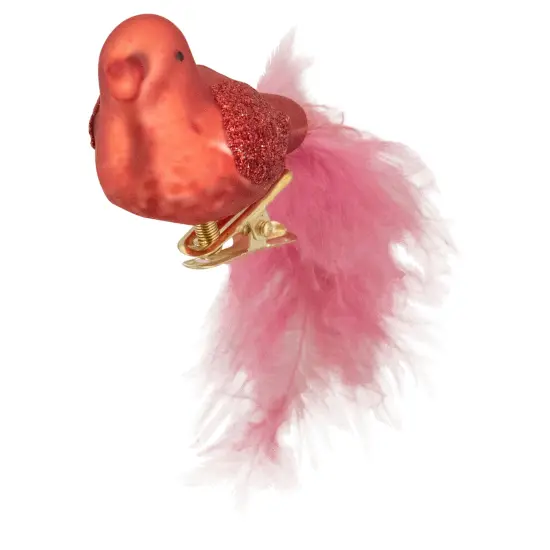 Northlight Glitter Winged Bird Clip On Glass Christmas Ornament - 5.5" - Orange Red and Pink {4}