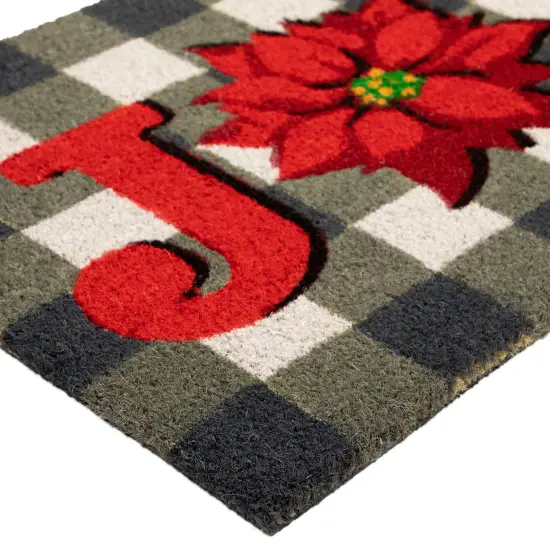 Northlight Gray and Red Poinsettia "Joy" Christmas Natural Coir Outdoor Doormat 18" x 30" {7}