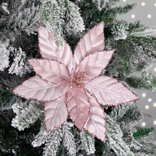 Northlight Glittered Poinsettia Christmas Floral Pick Clip-On Ornament - 10" - Pink {3}