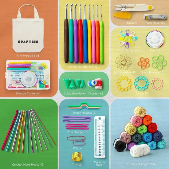 CRAFTISS Crochet Kit for Beginners, 158 Pieces with 16 Colors of Acrylic Yarn Skeins, 1300 Yards Total &ndash; Learn to Crochet All-in-One Starter Crochet Set for Adults Beginner {2}