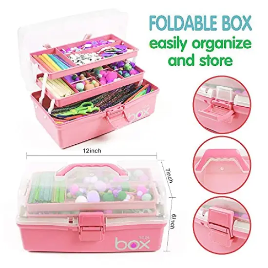 12'' Three-Layer Multipurpose Storage Box Organizer Folding Tool Box/Art & Crafts Case/Sewing Supplies Organizer/Medicine Box/Family First Aid Box with 2 Trays (Pink) {4}