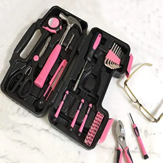 Tools Original 39 Piece General Household Tool Set in Toolbox Storage Case with Essential Hand Tools for Everyday Home Repairs, DIY and Crafts - Pink Ribbon - Pink - DT9706P {4}