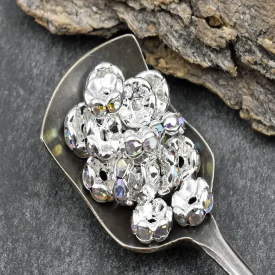 Silver w/ Crystal AB Rhinestone Wavy Edge Rondelle Spacer Beads {4}