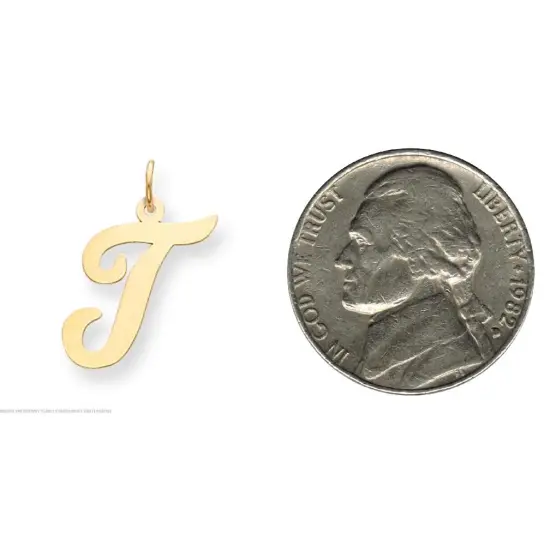 14K Yellow Gold Large Script Initial Letter T Charm Jewerly 22mm x 12mm {2}