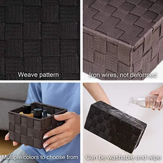 VK Living Woven Storage Box Basket Bin Container, Woven Strap Basket, Nylon Woven Box Basket, Underwear Bra Storage Organizer Divider for Drawer, Dresser, Closet, Black, Set of 4 {5}