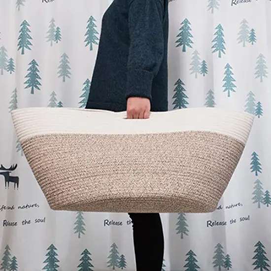 MINTWOOD Design Extra Large 22 x14 Inches Decorative Woven Cotton Rope Basket, Laundry Basket, Blanket Basket, Dog Toy Storage Baskets Bin, Laundry Hamper, Towel Basket, Light Brown {3}