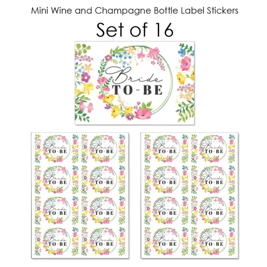 Big Dot of Happiness Wildflowers Bride - Mini Wine and Champagne Bottle Label Stickers - Boho Floral Bridal Shower and Wedding Party Gift - Set of 16 {7}