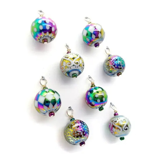 Miniature Ornaments in Rainbow Holiday Patterns, 8 pieces with Hooks, Pretty Mini Baubles, Adorabilities {1}