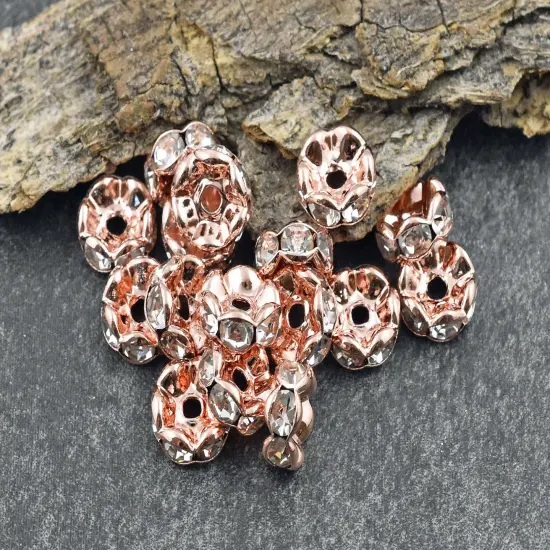 Rose Gold w/ Crystal Rhinestone Wavy Edge Rondelle Spacer Beads {1}