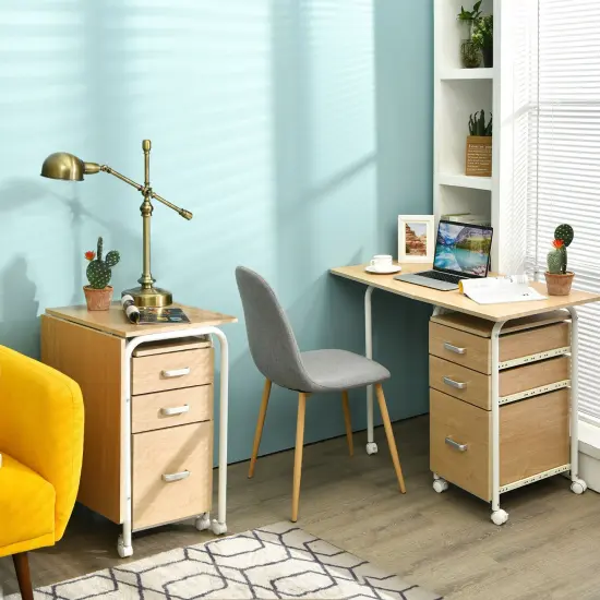 Costway Folding Computer Laptop Desk Wheeled Home Office Furniture w/3 Drawers Brown/Natural {10}