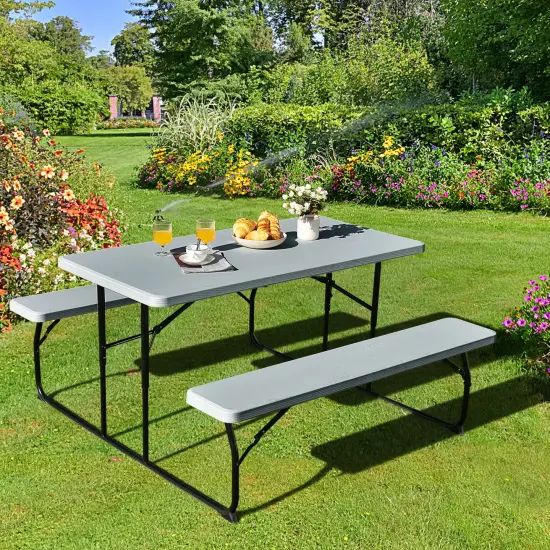 Costway Folding Picnic Table & Bench Set for Camping BBQ w/ Steel Frame White/Balck {11}