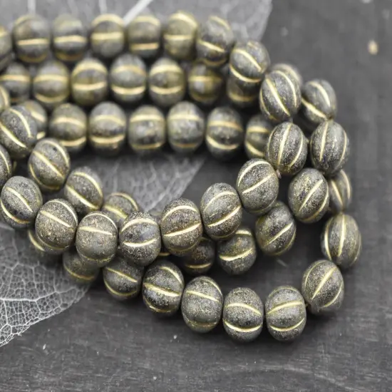 Gold Washed Etched Sapphire Picasso Round Melon Beads -- Choose Your Size {6}
