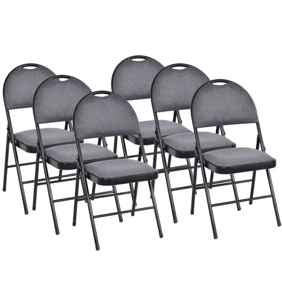 Costway Set of 6 Folding Chairs Fabric Upholstered Padded Seat Metal Frame Home Office Grey/Beige {5}