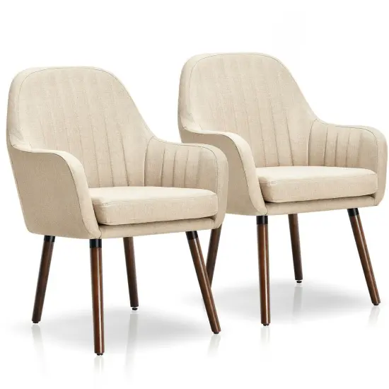 Costway Set of 2 Accent Chairs Fabric Upholstered Armchairs w/Wooden Legs Beige/Gray {7}