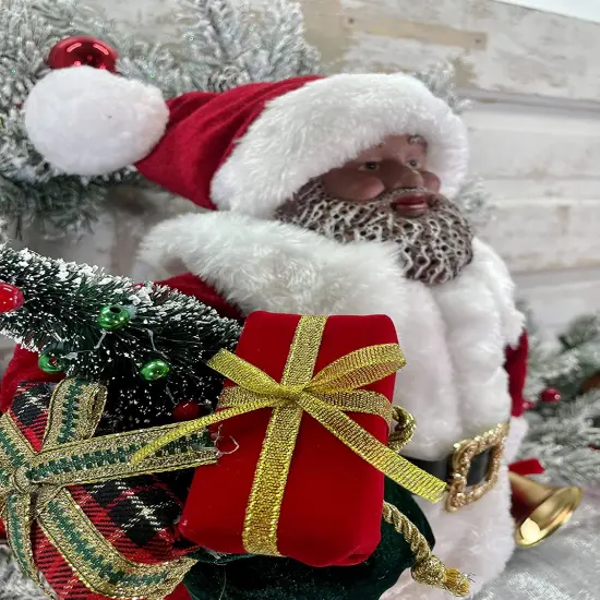 19" Velvet Resin Black Santa with Fur: Elegant Holiday Decoration with Luxurious Detailing {2}