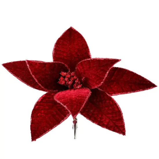 9" Burgundy Velvet Glitter Edge Jewel Poinsettia Flower Clip - Elegant Christmas Floral Decoration {1}