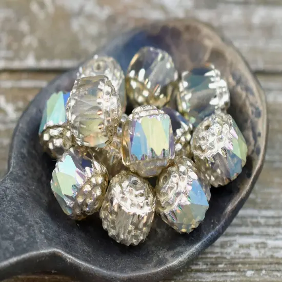 Silver Washed Smoke Apollo AB Fire Polished Cathedral Beads {6}