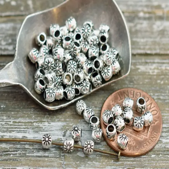 *300* 3x3mm Antique Silver Flower Barrel Spacer Beads {4}