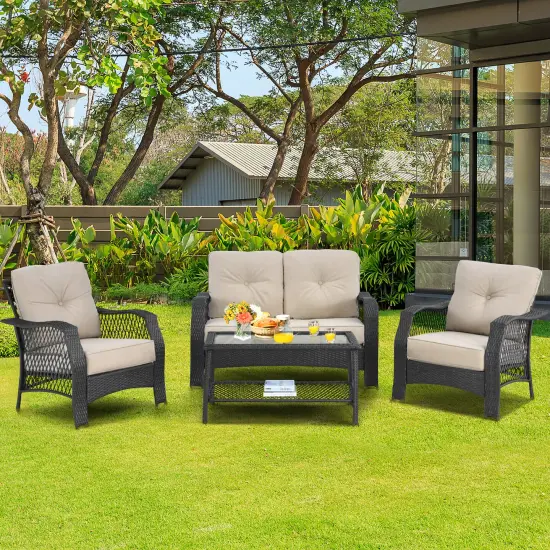 Costway 4PCS Patio Wicker Furniture Set Loveseat Sofa Coffee Table W/ Cushion {1}