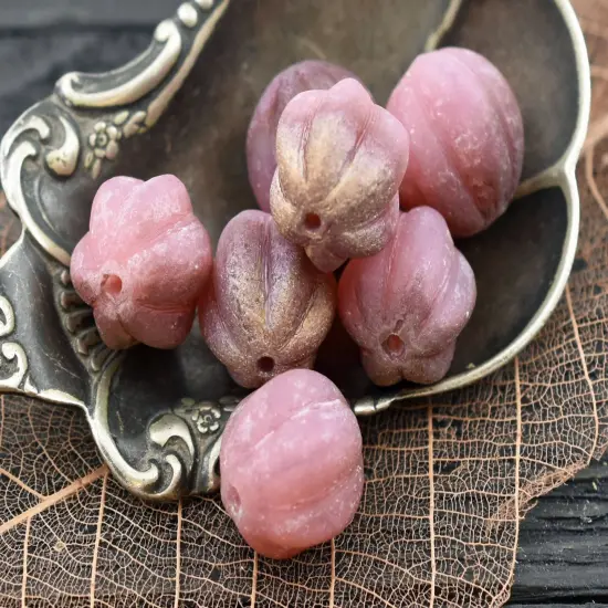 Copper Washed Etched Dusty Rose Round Melon Beads {7}