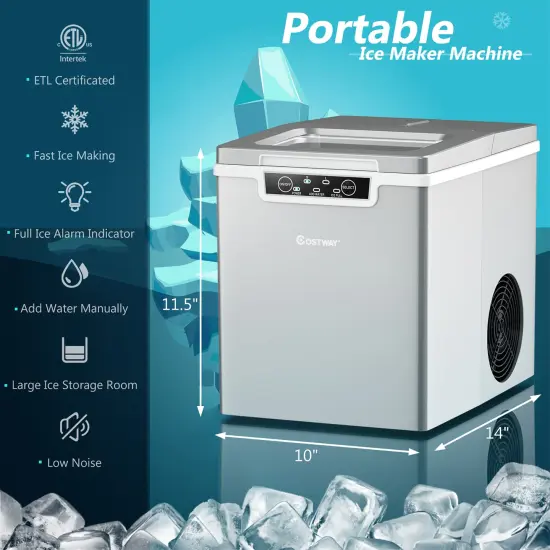 Costway Ice Maker Machine Countertop 26Lbs/24H Portable W/Scoop & Basket Silver {2}